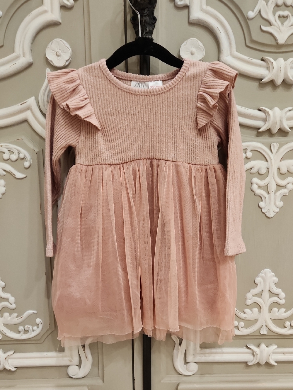 Zara Girls Dusty Pink Ribbed Knit Bodice Tulle Dress for Girls Size 2 - 3